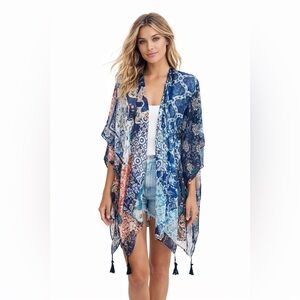 Moss Rose Boho Sheer Kimono Blue Patchwork Paisley Tassel Hem NWT OS